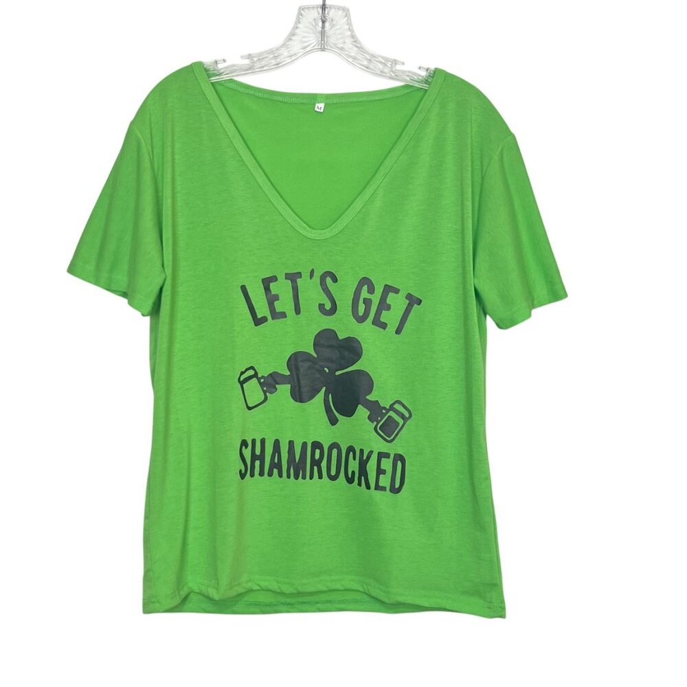 Lets Get Shamrocked St. Patricks Day Tshirt V-Neck Green Size Medium New